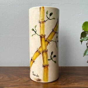 Vintage 1978 Studio Art Pottery Vase Bamboo Motif Hand Painted Sandy Retro 1970s